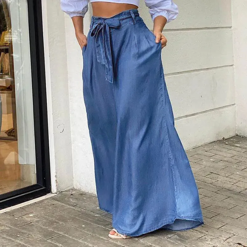 Amy Fashion - 2024 Women Long High Waist Fashion Belted Casual Loose Solid Streetwear Skirt Jean