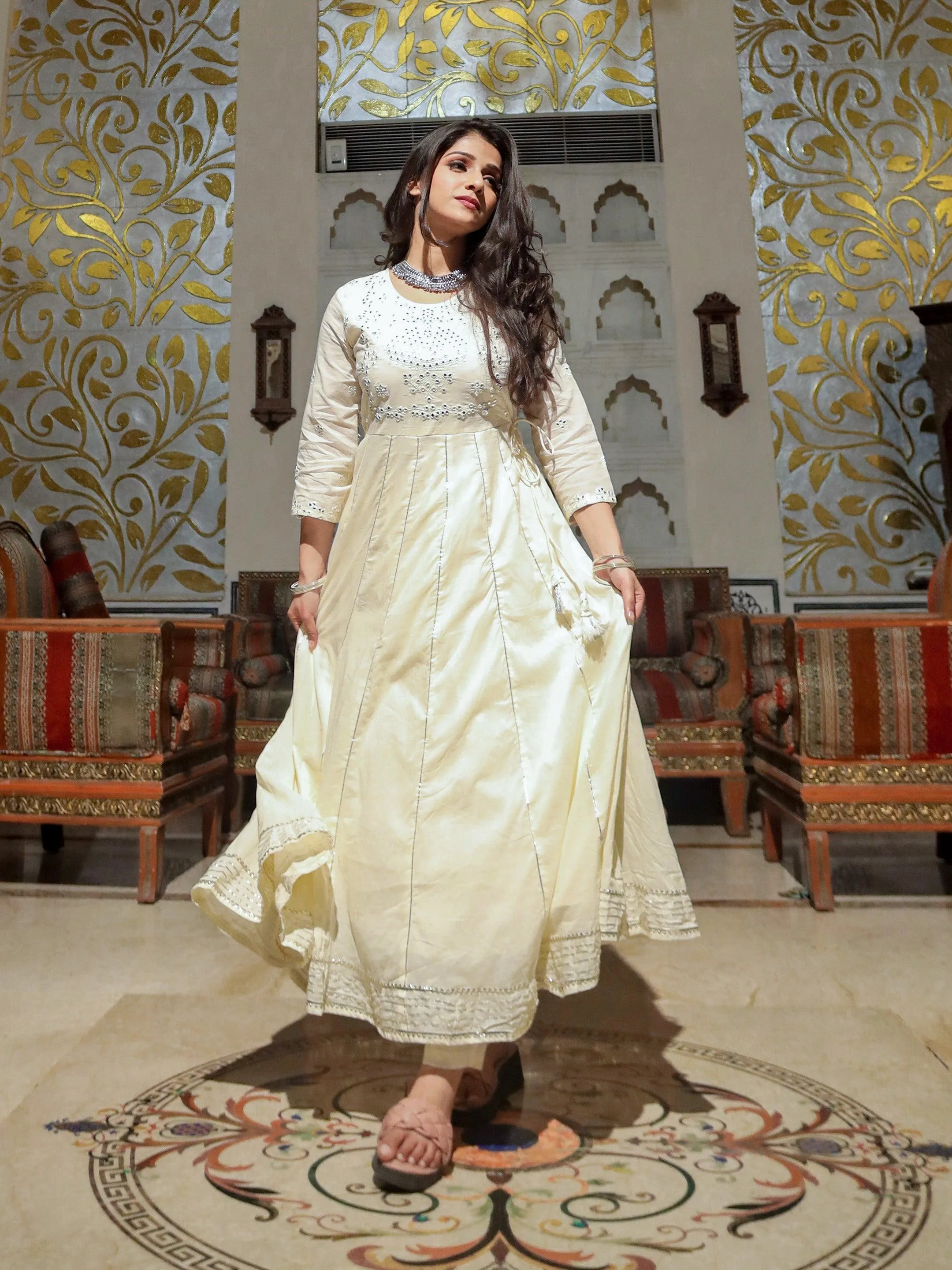 Divena Off White Cotton Anarkali kurta Pant Set