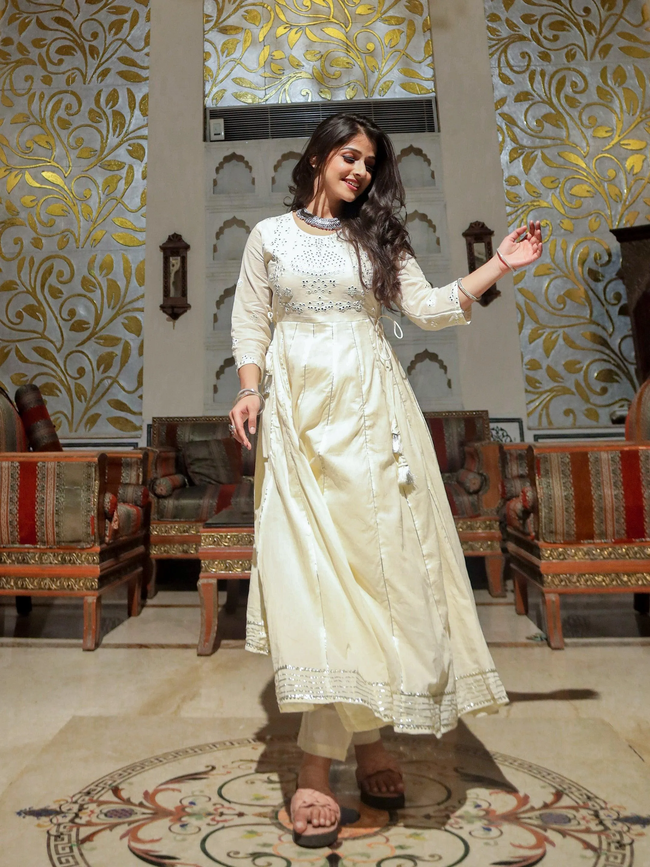 Divena Off White Cotton Anarkali kurta Pant Set
