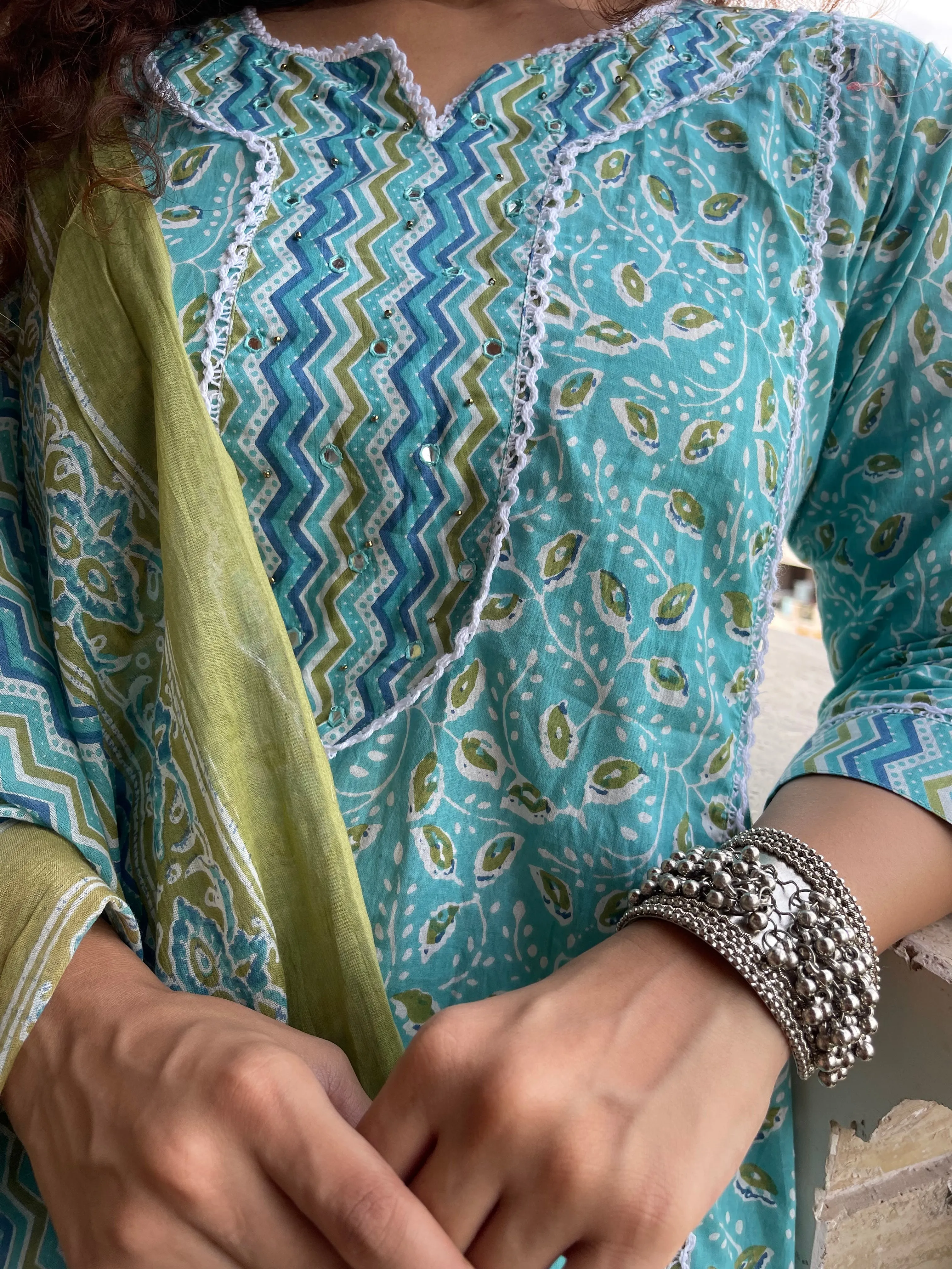 Floral Stripes On Sky Blue Kurta Suit Set