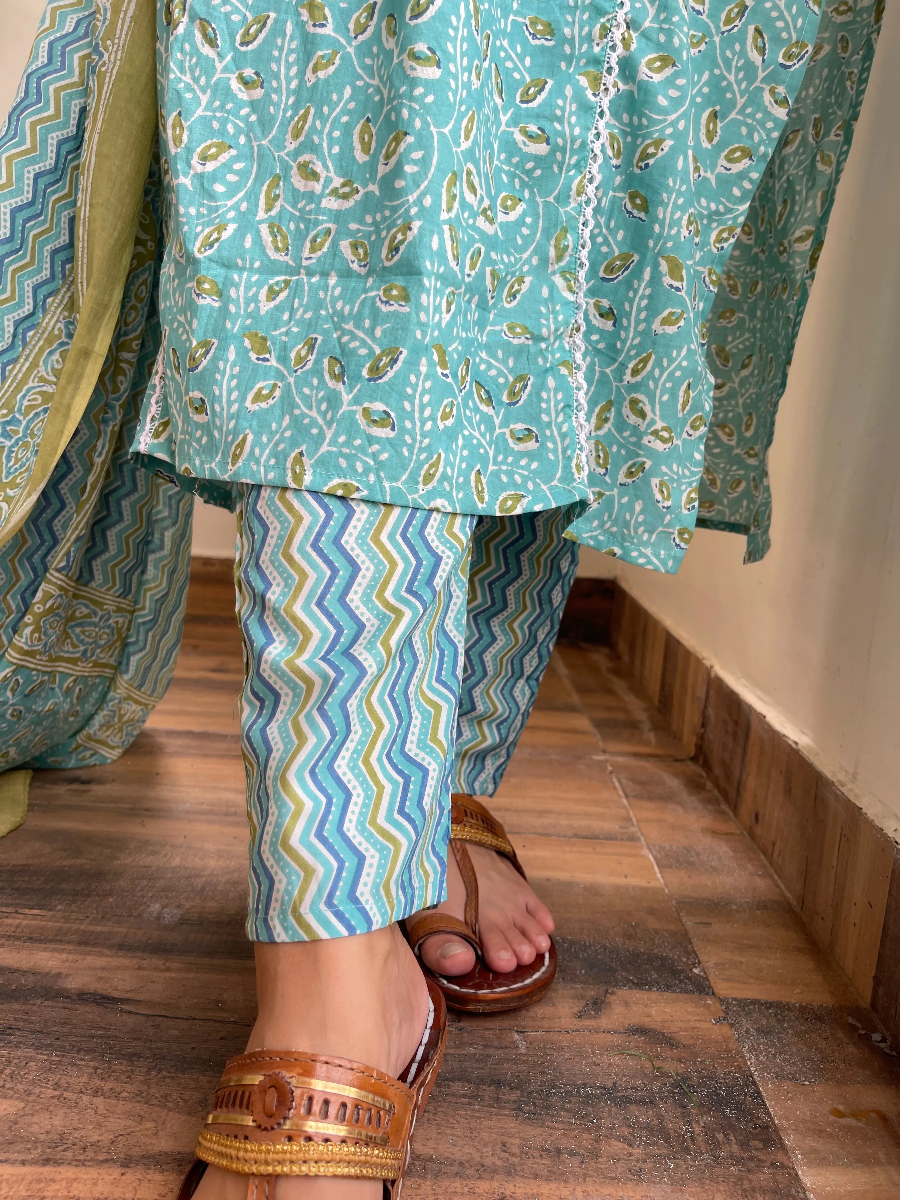 Floral Stripes On Sky Blue Kurta Suit Set