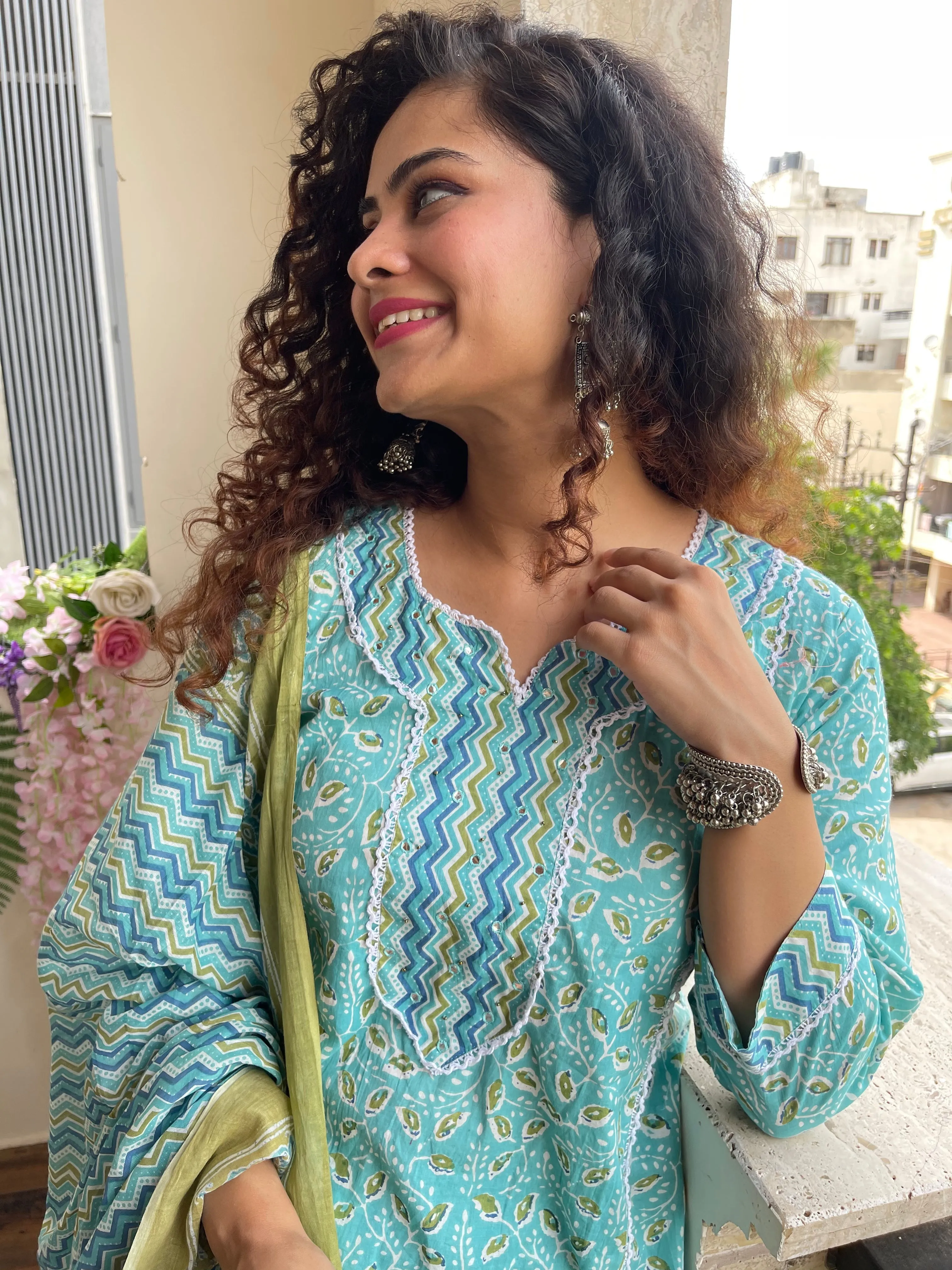 Floral Stripes On Sky Blue Kurta Suit Set