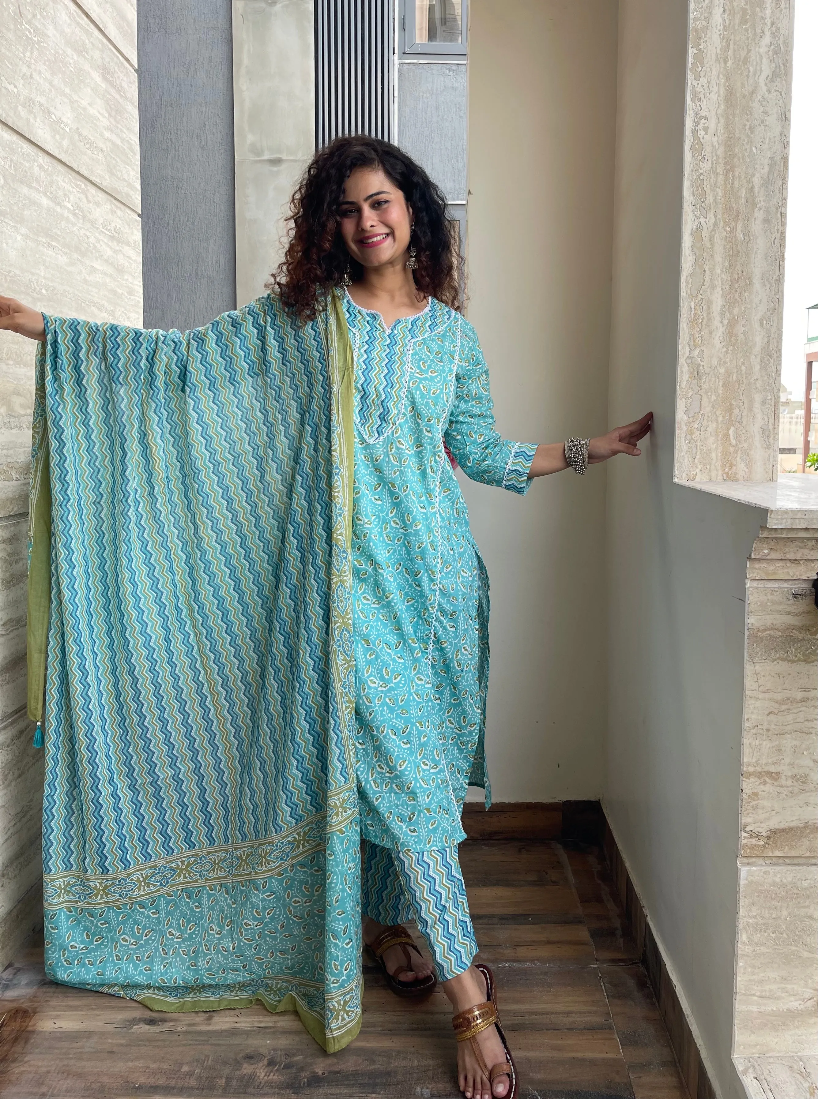 Floral Stripes On Sky Blue Kurta Suit Set