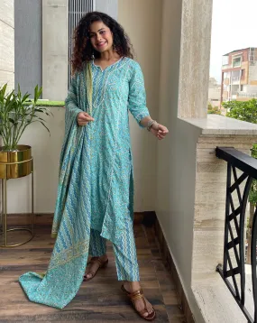 Floral Stripes On Sky Blue Kurta Suit Set