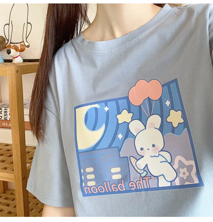 Kawaii Japanese Blue Cartoon Rabbit T-shirt