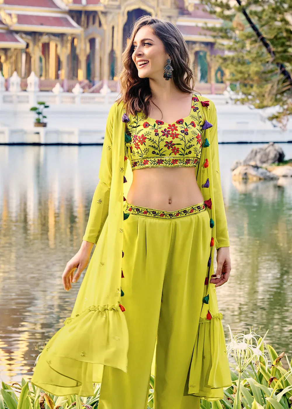 Lovely Fluorescence Green Exclusive Koti Style Co-Ords Palazzo Suit