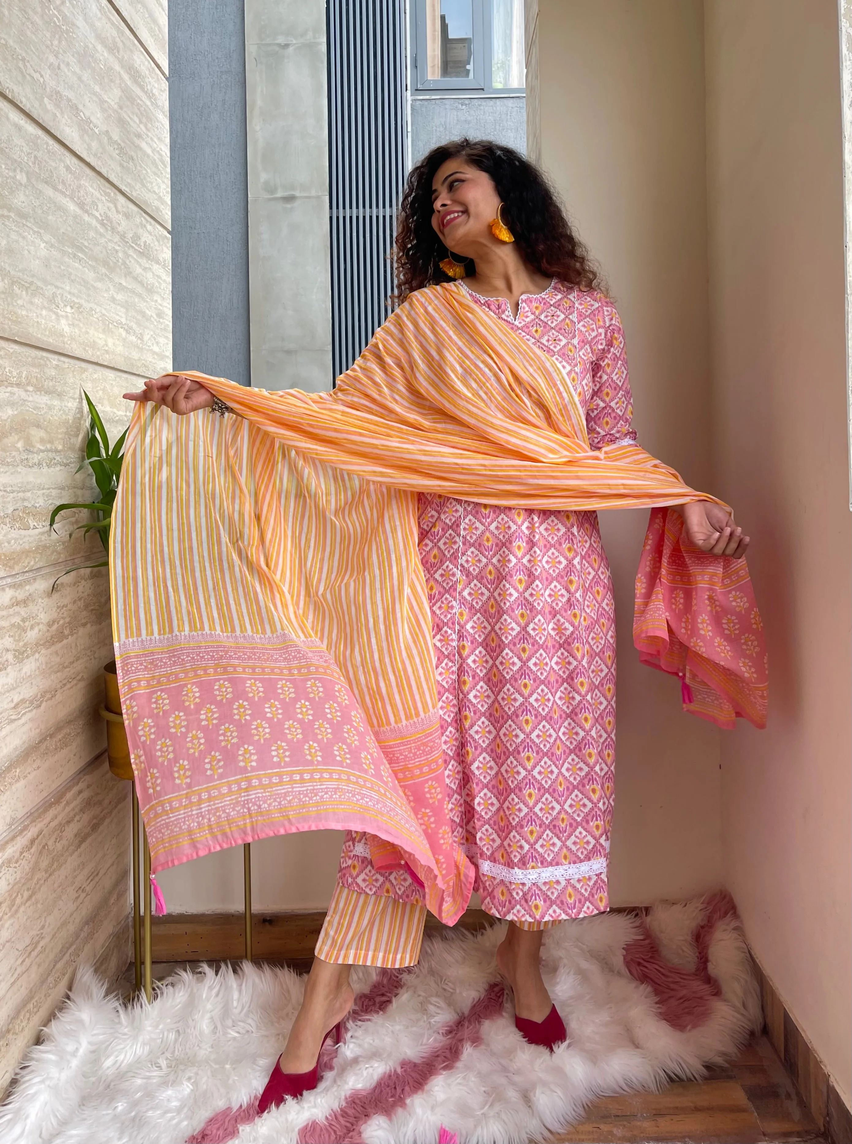 Pink Block Print Embroidered Kurta Suit Set