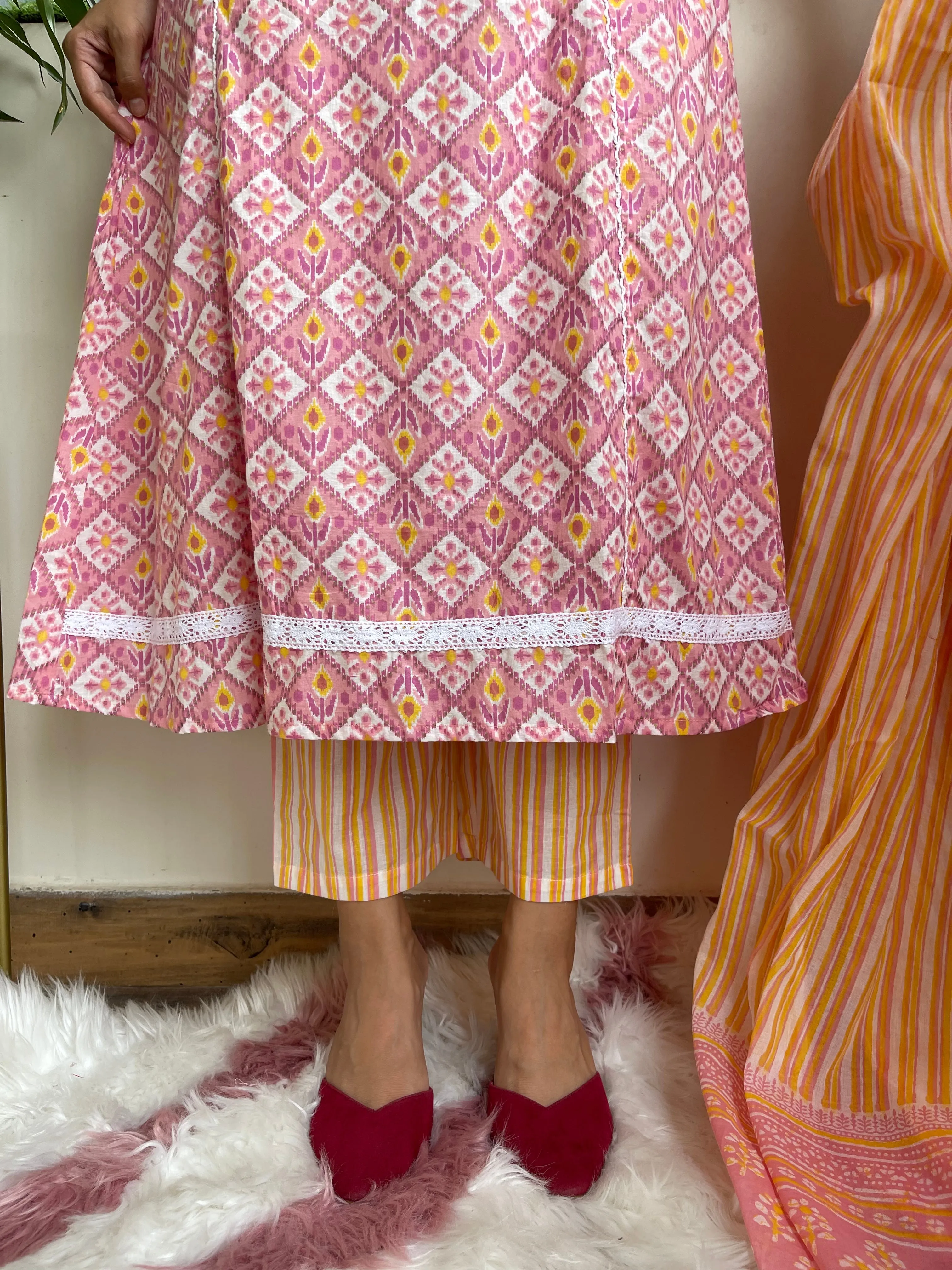 Pink Block Print Embroidered Kurta Suit Set
