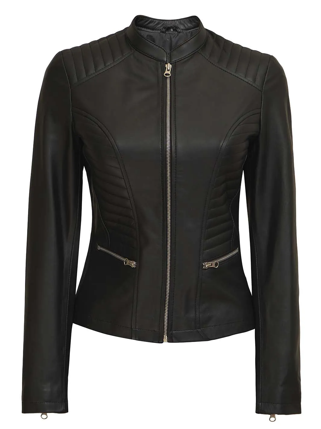 Rachel Petite Women's Black Cafe Racer Leather Jacket