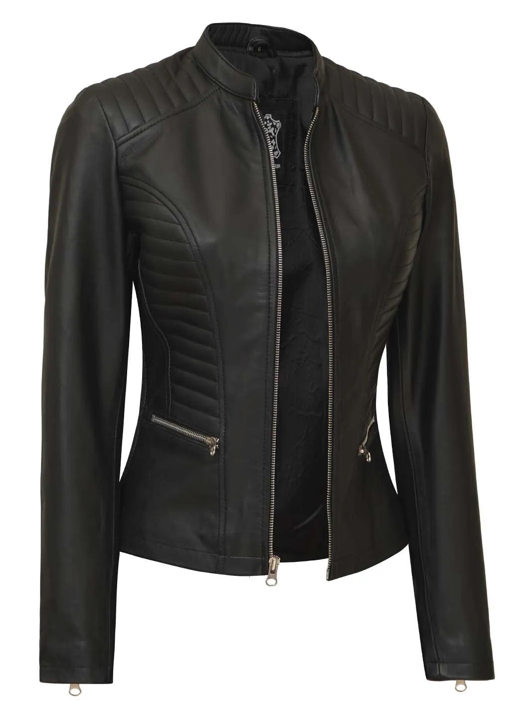 Rachel Petite Women's Black Cafe Racer Leather Jacket