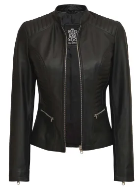 Rachel Petite Women's Black Cafe Racer Leather Jacket