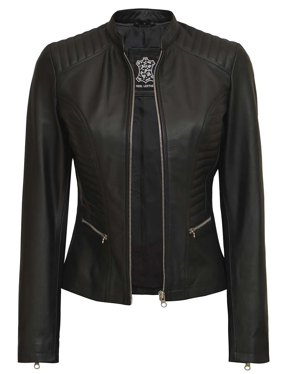 Rachel Petite Women's Black Cafe Racer Leather Jacket