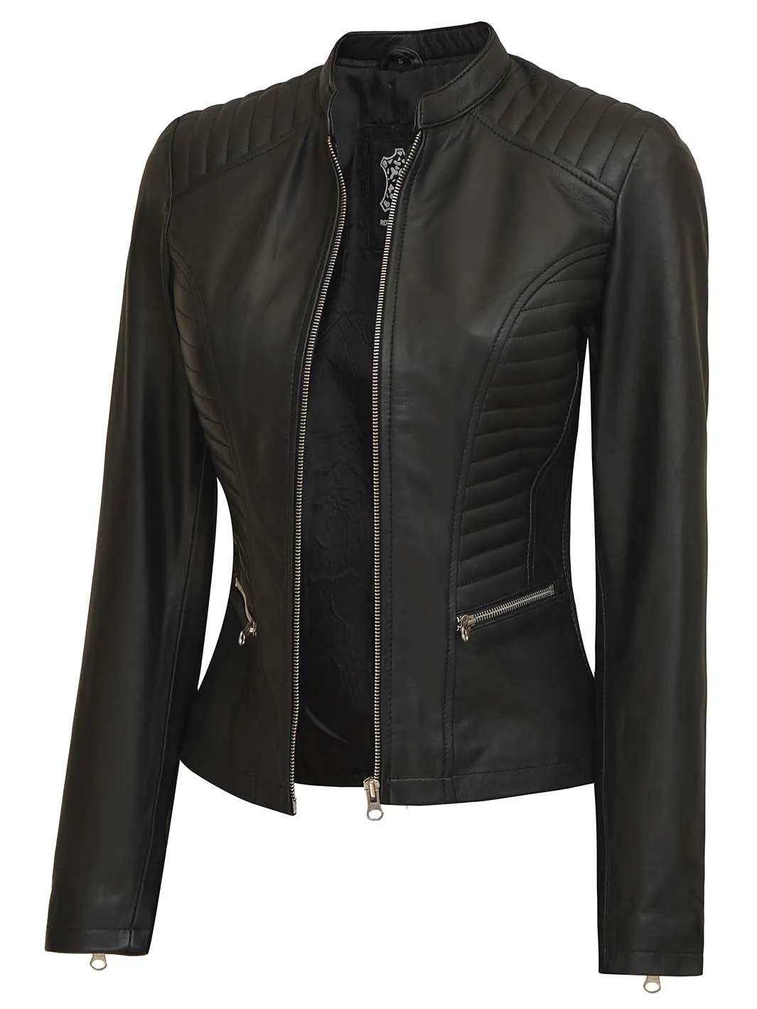 Rachel Petite Women's Black Cafe Racer Leather Jacket