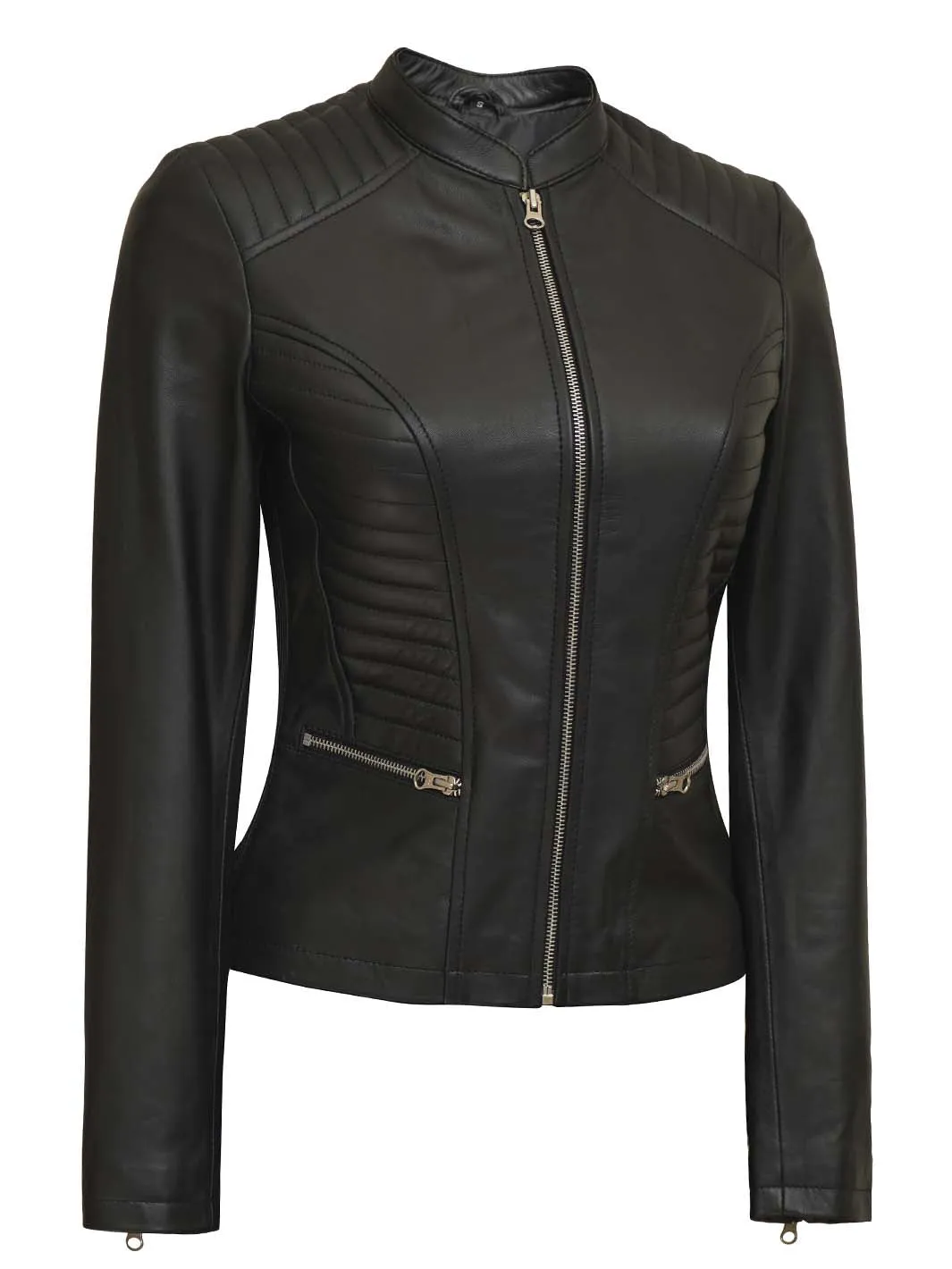 Rachel Petite Women's Black Cafe Racer Leather Jacket