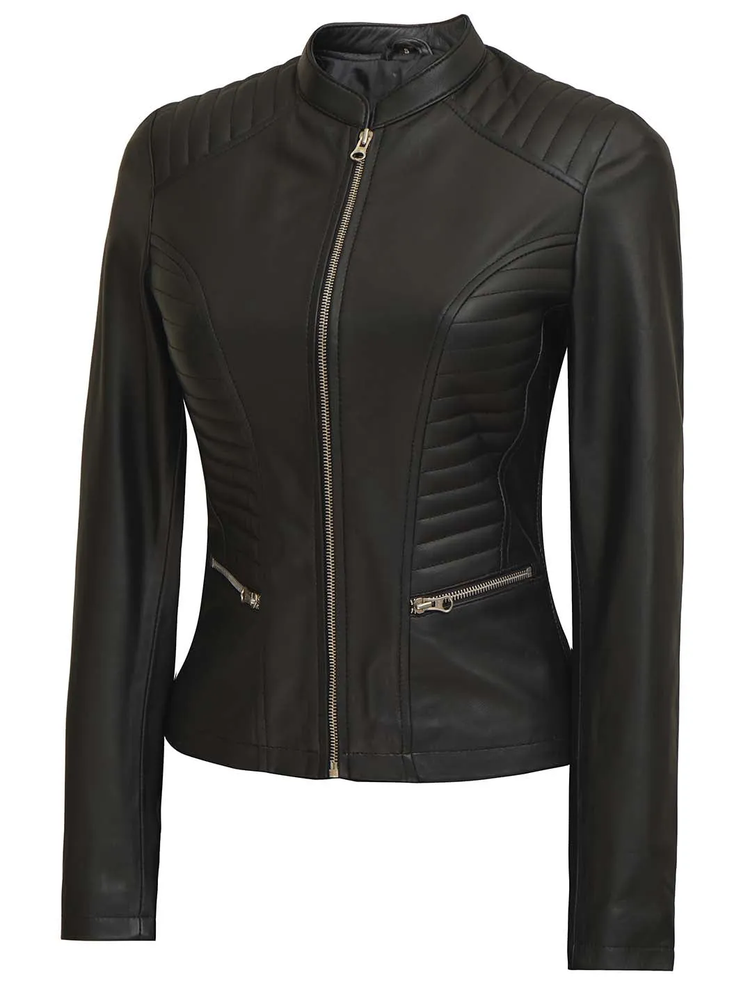 Rachel Petite Women's Black Cafe Racer Leather Jacket