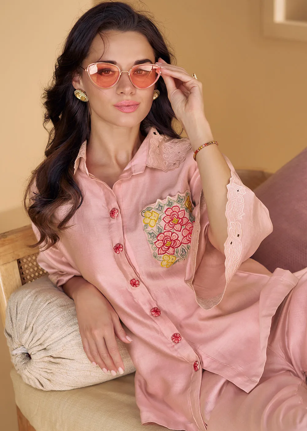 Rose Pink Silk Party Wear Indo-Western Co-Ords Set