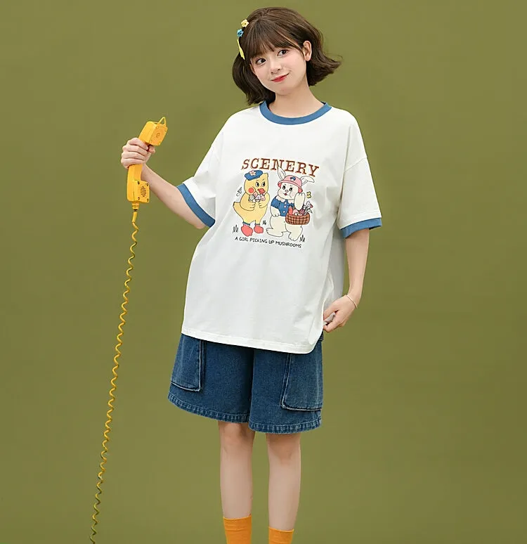 Summer Cute Cartoon Print white T-shirt