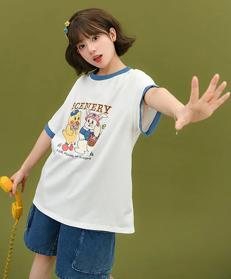 Summer Cute Cartoon Print white T-shirt
