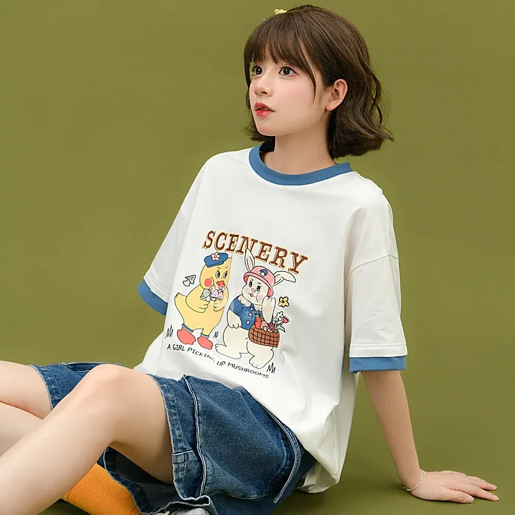 Summer Cute Cartoon Print white T-shirt