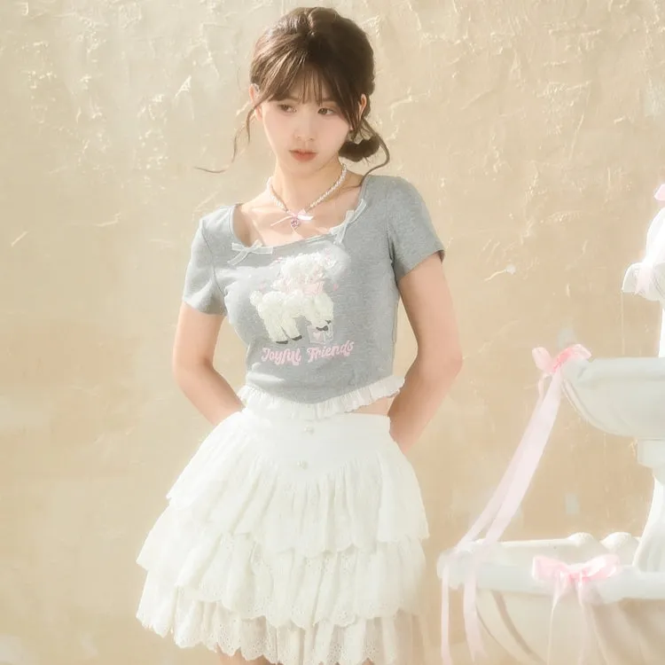 Sweet Girly Style Cartoon Lamb Embroidered T-shirt