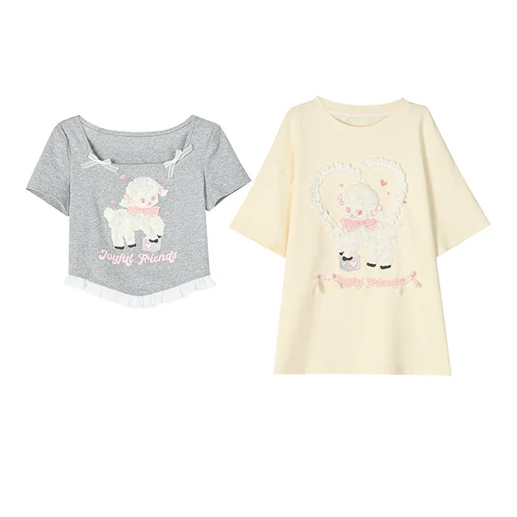 Sweet Girly Style Cartoon Lamb Embroidered T-shirt