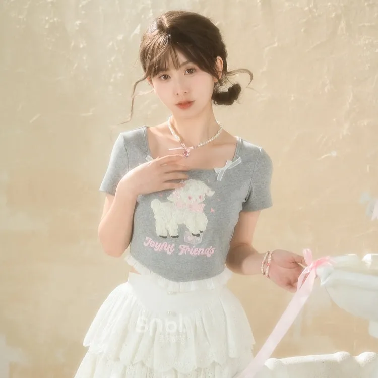 Sweet Girly Style Cartoon Lamb Embroidered T-shirt