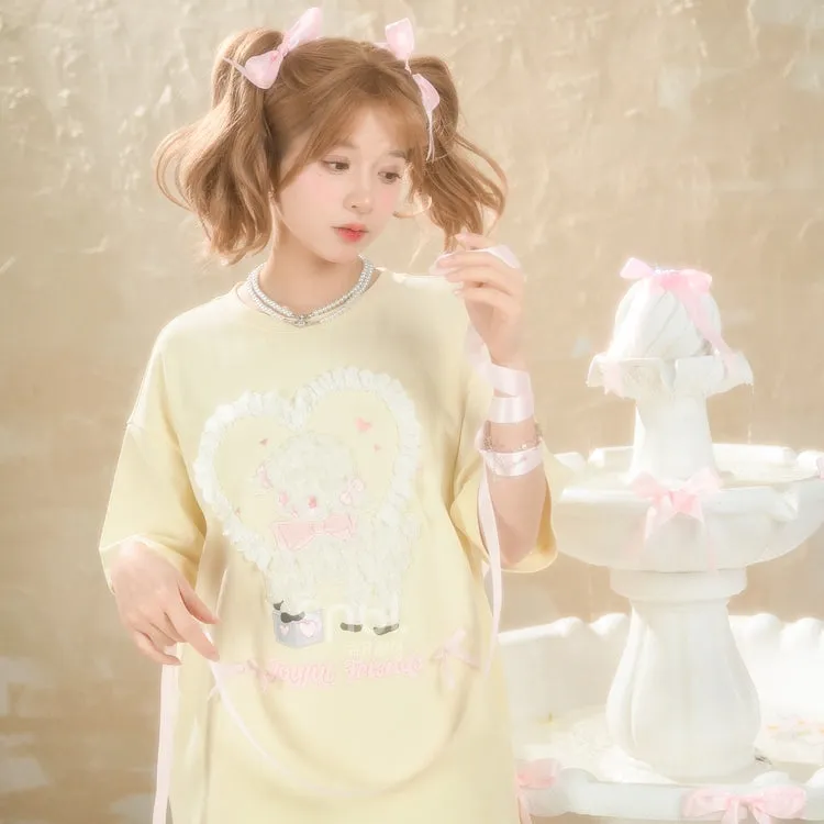 Sweet Girly Style Cartoon Lamb Embroidered T-shirt