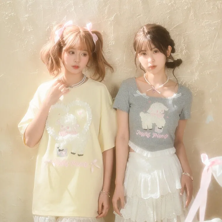 Sweet Girly Style Cartoon Lamb Embroidered T-shirt