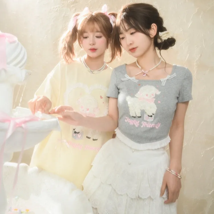 Sweet Girly Style Cartoon Lamb Embroidered T-shirt