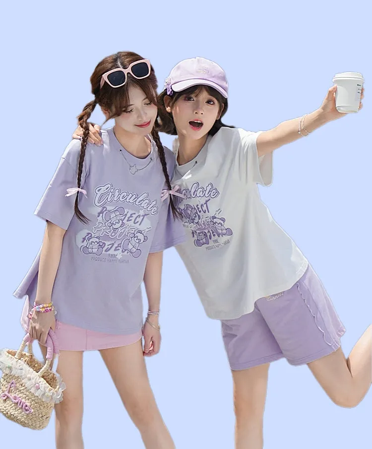 Sweet Style Purple Bear Print All-match T-shirt