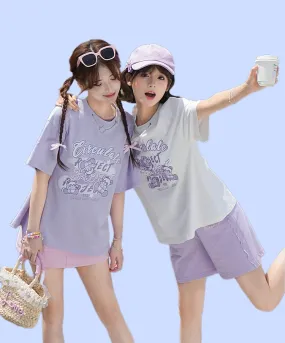 Sweet Style Purple Bear Print All-match T-shirt