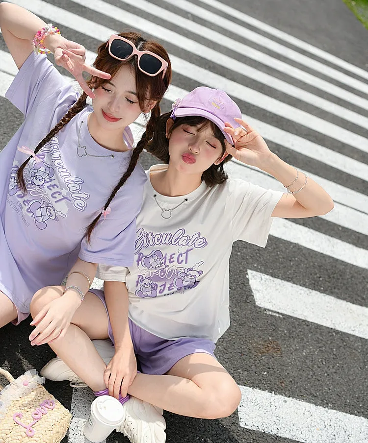 Sweet Style Purple Bear Print All-match T-shirt