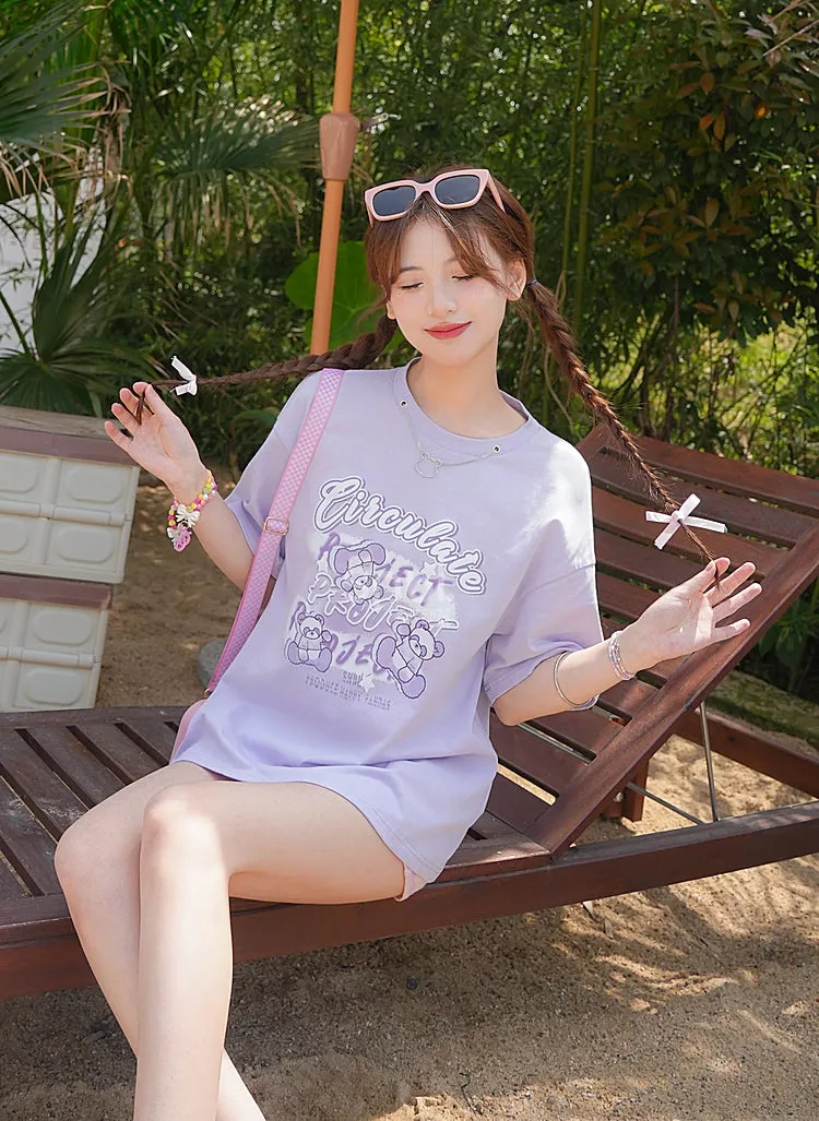 Sweet Style Purple Bear Print All-match T-shirt