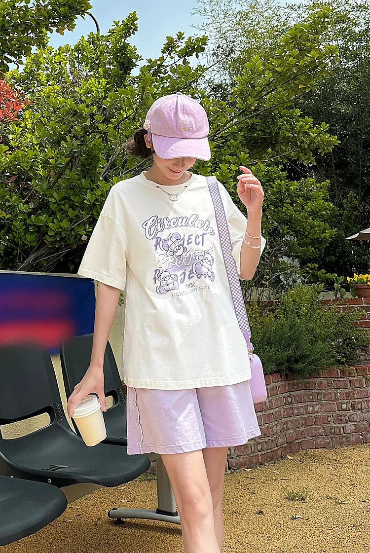 Sweet Style Purple Bear Print All-match T-shirt