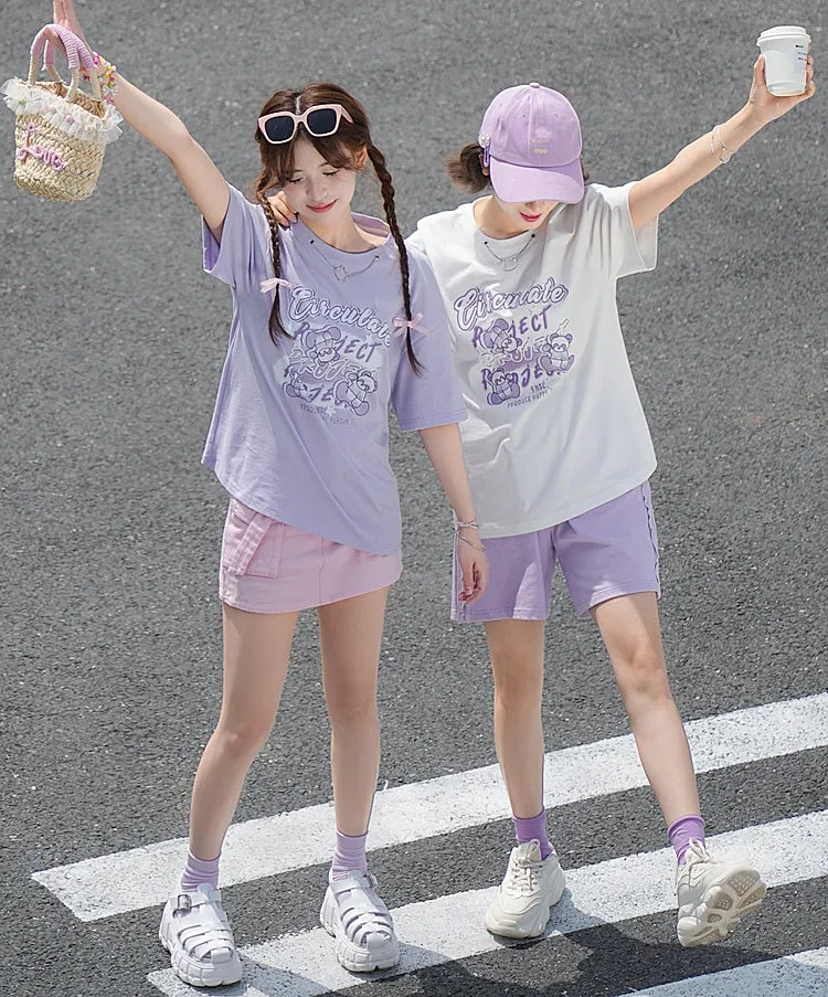 Sweet Style Purple Bear Print All-match T-shirt