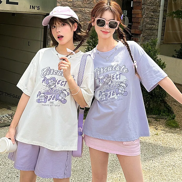 Sweet Style Purple Bear Print All-match T-shirt