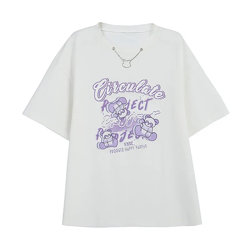 Sweet Style Purple Bear Print All-match T-shirt